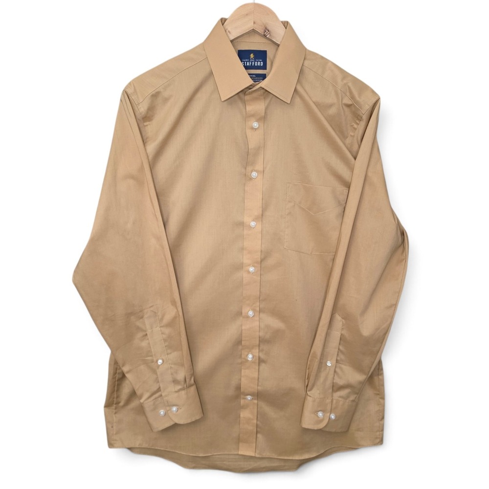 Stafford Dress Shirt Mens Medium 15-15.5 Tan Khaki Regular Fit Broadcloth Career